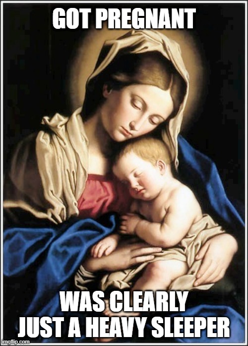 Didn't Know!!! | GOT PREGNANT; WAS CLEARLY JUST A HEAVY SLEEPER | image tagged in virgin mary | made w/ Imgflip meme maker