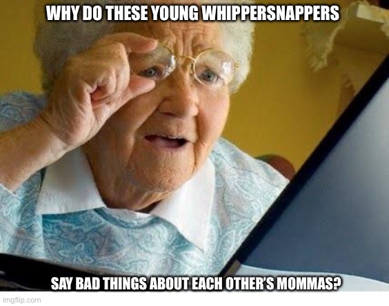 The 4th graders on my bus: Jo mamma….ohhhhh!!!     The bus driver: | WHY DO THESE YOUNG WHIPPERSNAPPERS; SAY BAD THINGS ABOUT EACH OTHER’S MOMMAS? | image tagged in old lady at computer,your mom | made w/ Imgflip meme maker