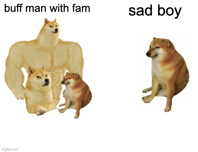 doge sad | buff man with fam; sad boy | image tagged in memes,buff doge vs cheems | made w/ Imgflip meme maker