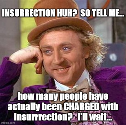 Where are the charges? | INSURRECTION HUH?  SO TELL ME... how many people have actually been CHARGED with Insurrrection?   I'll wait... | image tagged in memes,creepy condescending wonka | made w/ Imgflip meme maker