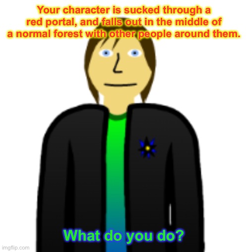 A new kind of roleplay, a group roleplay! Here, only reply to one comment thread so that there are many people! | Your character is sucked through a red portal, and falls out in the middle of a normal forest with other people around them. What do you do? | image tagged in roleplaying,group | made w/ Imgflip meme maker