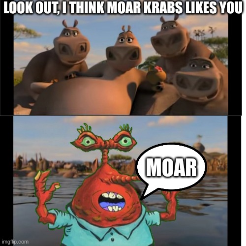 Moto Moto Krabs | LOOK OUT, I THINK MOAR KRABS LIKES YOU; MOAR | image tagged in moto moto,madagascar,moar krabs,mr krabs,spongebob | made w/ Imgflip meme maker