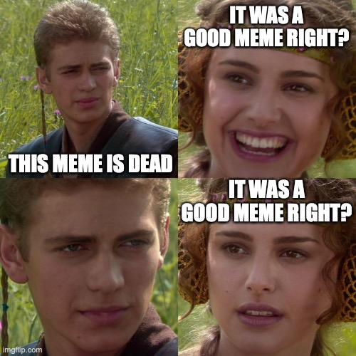 This meme is dead! | IT WAS A GOOD MEME RIGHT? THIS MEME IS DEAD; IT WAS A GOOD MEME RIGHT? | image tagged in anakin padme 4 panel,memes,funny,dead memes | made w/ Imgflip meme maker