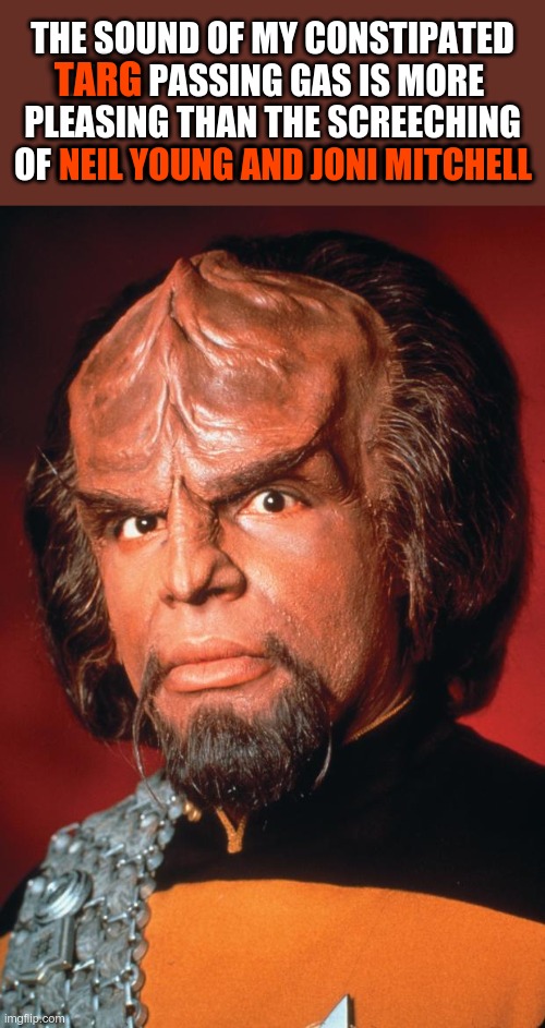 TARG TOOTS SIMPLY SOUND BETTER | THE SOUND OF MY CONSTIPATED TARG PASSING GAS IS MORE PLEASING THAN THE SCREECHING OF NEIL YOUNG AND JONI MITCHELL; TARG; NEIL YOUNG AND JONI MITCHELL | image tagged in lieutenant worf,neil young,joni mitchell | made w/ Imgflip meme maker