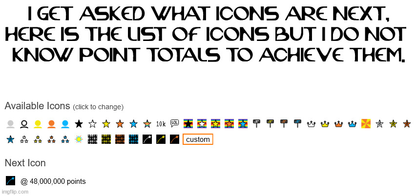I GET ASKED WHAT ICONS ARE NEXT, HERE IS THE LIST OF ICONS BUT I DO NOT 
KNOW POINT TOTALS TO ACHIEVE THEM. | image tagged in who_am_i | made w/ Imgflip meme maker