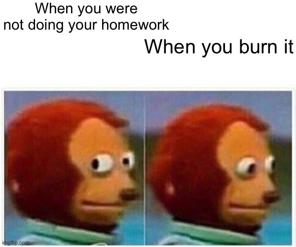 Monkey Puppet | When you were not doing your homework; When you burn it | image tagged in memes,monkey puppet | made w/ Imgflip meme maker