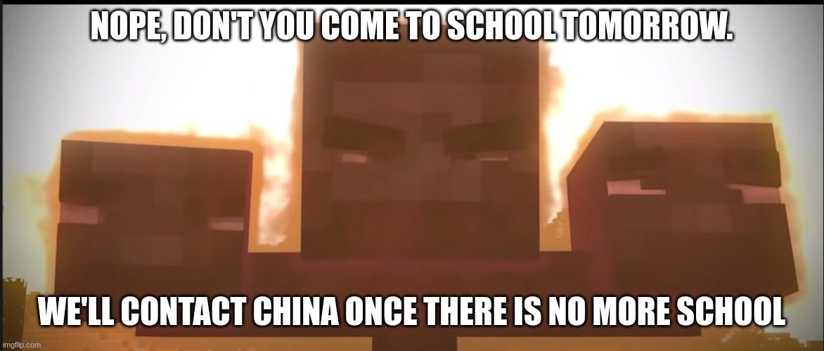 Minecraft Wither hydra | NOPE, DON'T YOU COME TO SCHOOL TOMORROW. WE'LL CONTACT CHINA ONCE THERE IS NO MORE SCHOOL | image tagged in minecraft wither hydra | made w/ Imgflip meme maker