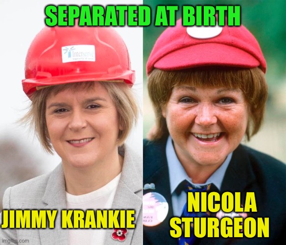 Separated at birth | SEPARATED AT BIRTH; NICOLA STURGEON; JIMMY KRANKIE | image tagged in separated at birth | made w/ Imgflip meme maker