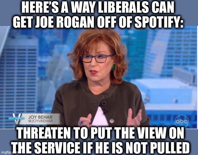 Yep | HERE’S A WAY LIBERALS CAN GET JOE ROGAN OFF OF SPOTIFY:; THREATEN TO PUT THE VIEW ON THE SERVICE IF HE IS NOT PULLED | image tagged in joe rogan,the view,joy behar,whoopi goldberg,memes | made w/ Imgflip meme maker