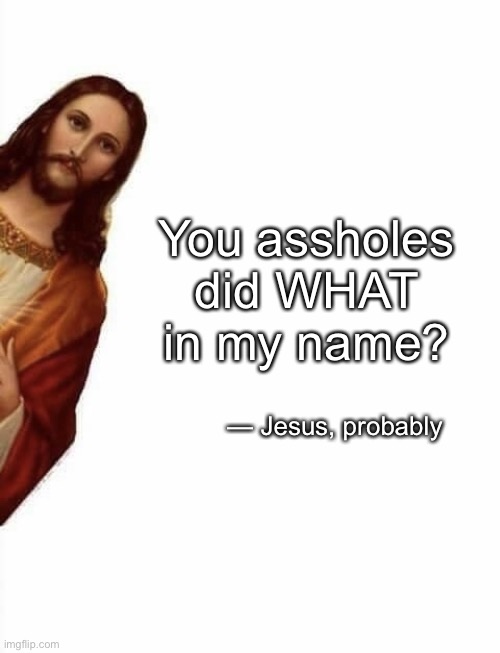 Jesus WTF | You assholes did WHAT in my name? — Jesus, probably | image tagged in jesus wtf | made w/ Imgflip meme maker