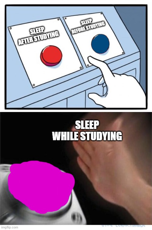 two buttons 1 blue | SLEEP BEFORE STUDYING; SLEEP AFTER STUDYING; SLEEP WHILE STUDYING | image tagged in two buttons 1 blue | made w/ Imgflip meme maker