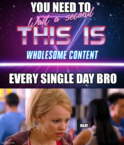 Rfsbhfusrbfrsufrsb | YOU NEED TO; EVERY SINGLE DAY BRO; OKAY | image tagged in wait a second this is wholesome content,mean girls sassy pants | made w/ Imgflip meme maker