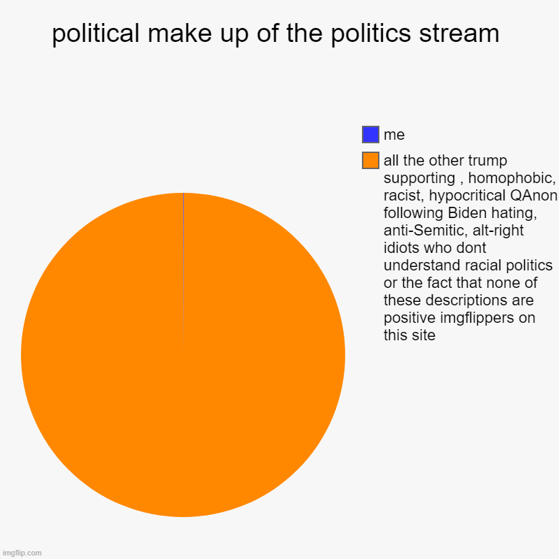 political make up of the politics stream | all the other trump supporting , homophobic, racist, hypocritical QAnon following Biden hating, a | image tagged in charts,pie charts | made w/ Imgflip chart maker