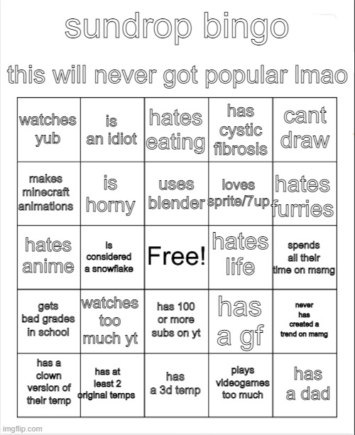 all of these are true to me | sundrop bingo; this will never got popular lmao; hates eating; is an idiot; cant draw; watches yub; has cystic fibrosis; uses blender; makes minecraft animations; hates furries; loves sprite/7up; is horny; hates life; hates anime; spends all their time on msmg; is considered a snowflake; gets bad grades in school; watches too much yt; never has created a trend on msmg; has a gf; has 100 or more subs on yt; has at least 2 original temps; has a dad; has a clown version of their temp; has a 3d temp; plays videogames too much | image tagged in blank bingo | made w/ Imgflip meme maker