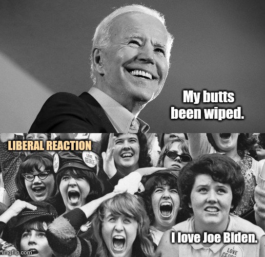 Biden voters, just as dumb as Biden. | My butts been wiped. LIBERAL REACTION; I love Joe Biden. | image tagged in memes | made w/ Imgflip meme maker