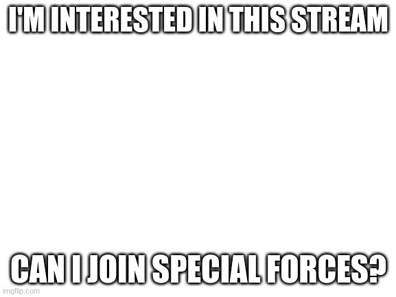 Oh and can I be moderator? Its ok if not | I'M INTERESTED IN THIS STREAM; CAN I JOIN SPECIAL FORCES? | image tagged in blank white template | made w/ Imgflip meme maker
