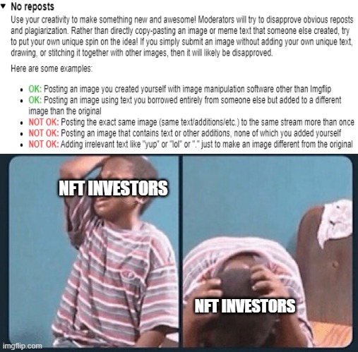 No Reposts | NFT INVESTORS; NFT INVESTORS | image tagged in black kid crying with knife | made w/ Imgflip meme maker