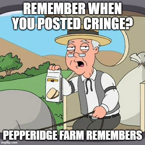 Glad you dont... hopefully. | REMEMBER WHEN YOU POSTED CRINGE? PEPPERIDGE FARM REMEMBERS | image tagged in memes,pepperidge farm remembers,oh no cringe | made w/ Imgflip meme maker