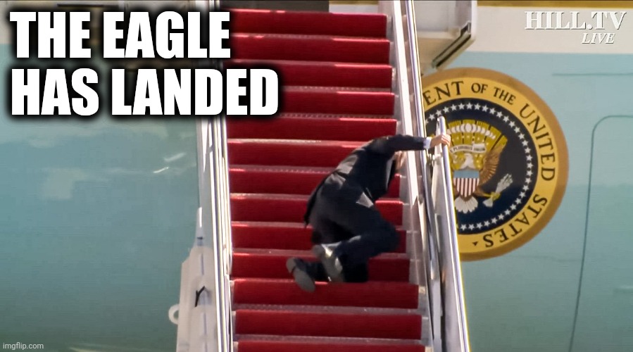 Biden Falls Down Stairs | THE EAGLE 
HAS LANDED | image tagged in biden falls down stairs | made w/ Imgflip meme maker