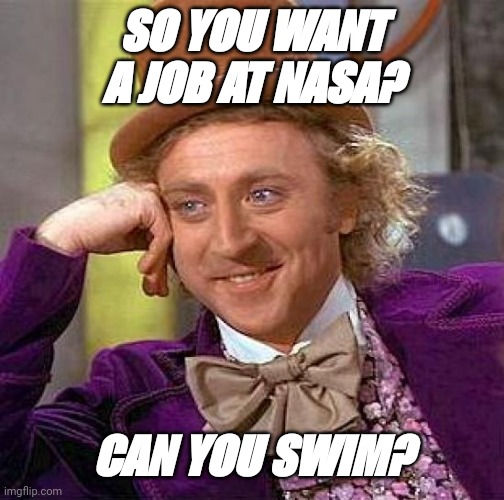 Creepy Condescending Wonka Meme | SO YOU WANT A JOB AT NASA? CAN YOU SWIM? | image tagged in memes,creepy condescending wonka | made w/ Imgflip meme maker