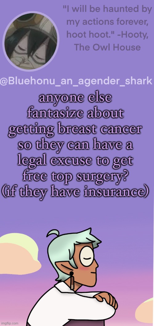 honu's raine whispers temp | anyone else fantasize about getting breast cancer so they can have a legal excuse to get free top surgery? (if they have insurance) | image tagged in honu's raine whispers temp | made w/ Imgflip meme maker