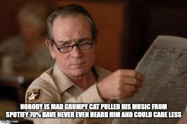 no country for old men tommy lee jones | NOBODY IS MAD GRUMPY CAT PULLED HIS MUSIC FROM SPOTIFY 70% HAVE NEVER EVEN HEARD HIM AND COULD CARE LESS | image tagged in no country for old men tommy lee jones | made w/ Imgflip meme maker
