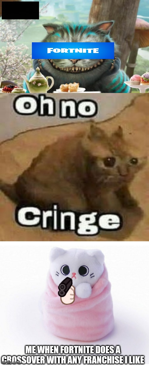 Me when Fortnite | ME WHEN FORTNITE DOES A CROSSOVER WITH ANY FRANCHISE I LIKE | image tagged in cheshire cat,oh no cringe,srunkly has a glock,fortnite,memes,cats | made w/ Imgflip meme maker