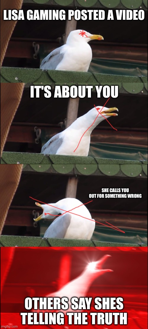 Inhaling Seagull Meme | LISA GAMING POSTED A VIDEO; IT'S ABOUT YOU; SHE CALLS YOU OUT FOR SOMETHING WRONG; OTHERS SAY SHES TELLING THE TRUTH | image tagged in memes,inhaling seagull | made w/ Imgflip meme maker