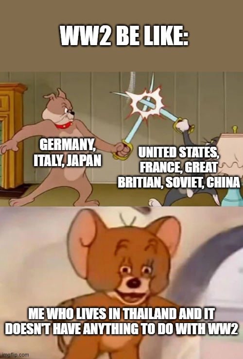 It's great that I live in Thailand. | WW2 BE LIKE:; GERMANY, ITALY, JAPAN; UNITED STATES, FRANCE, GREAT BRITIAN, SOVIET, CHINA; ME WHO LIVES IN THAILAND AND IT DOESN'T HAVE ANYTHING TO DO WITH WW2 | image tagged in tom and spike fighting,ww2,thailand | made w/ Imgflip meme maker