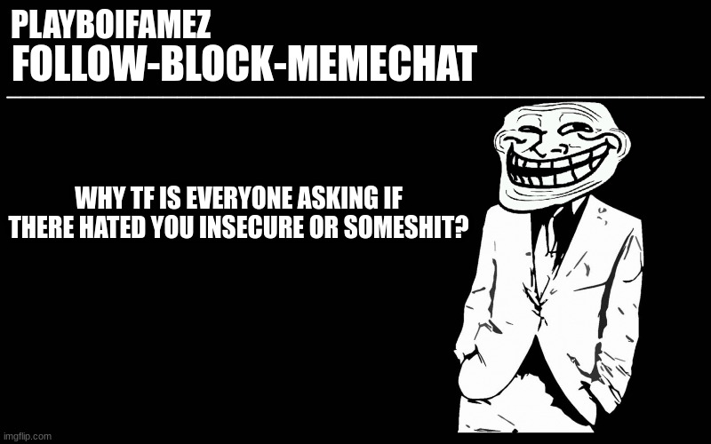 msmg turned insecure | WHY TF IS EVERYONE ASKING IF THERE HATED YOU INSECURE OR SOMESHIT? | image tagged in trollers font | made w/ Imgflip meme maker