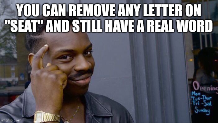 Roll Safe Think About It | YOU CAN REMOVE ANY LETTER ON "SEAT" AND STILL HAVE A REAL WORD | image tagged in memes,roll safe think about it | made w/ Imgflip meme maker