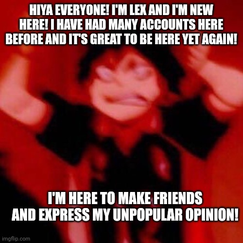 Hello!! | HIYA EVERYONE! I'M LEX AND I'M NEW HERE! I HAVE HAD MANY ACCOUNTS HERE BEFORE AND IT'S GREAT TO BE HERE YET AGAIN! I'M HERE TO MAKE FRIENDS AND EXPRESS MY UNPOPULAR OPINION! | image tagged in y e s | made w/ Imgflip meme maker