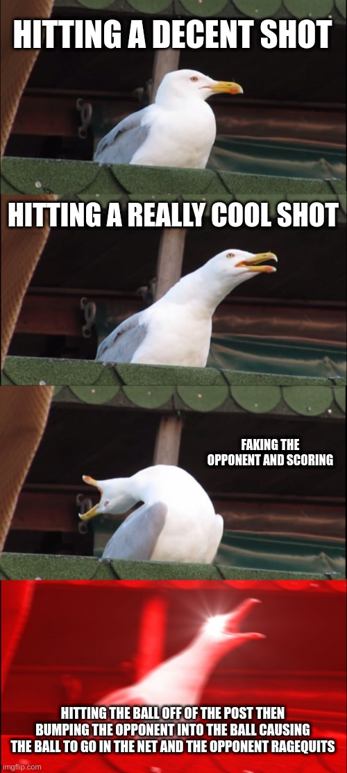 random rocket league meme idk | HITTING A DECENT SHOT; HITTING A REALLY COOL SHOT; FAKING THE OPPONENT AND SCORING; HITTING THE BALL OFF OF THE POST THEN BUMPING THE OPPONENT INTO THE BALL CAUSING THE BALL TO GO IN THE NET AND THE OPPONENT RAGEQUITS | image tagged in memes,inhaling seagull,gaming,online gaming,rocket league | made w/ Imgflip meme maker