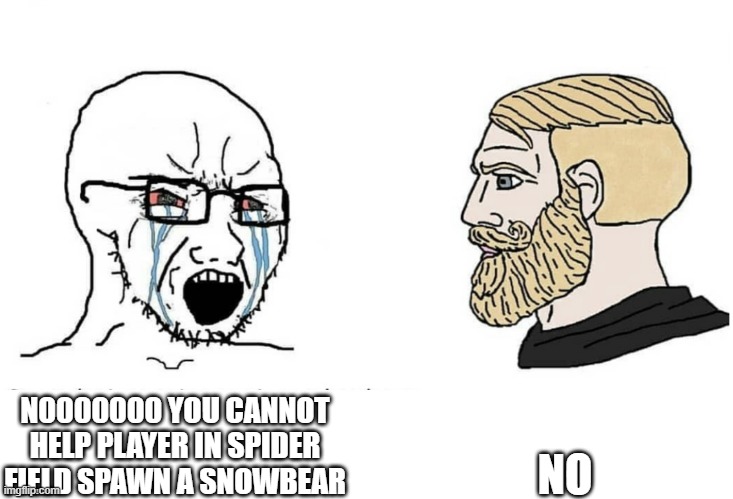 Soyboy Vs Yes Chad | NO; N0000000 YOU CANNOT HELP PLAYER IN SPIDER FIELD SPAWN A SNOWBEAR | image tagged in soyboy vs yes chad | made w/ Imgflip meme maker