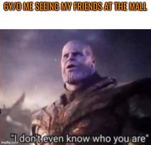 Thanos, I don't even know who you are | 6Y/O ME SEEING MY FRIENDS AT THE MALL | image tagged in thanos i don't even know who you are | made w/ Imgflip meme maker