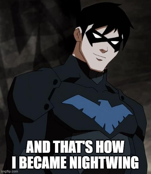 young justice | AND THAT'S HOW I BECAME NIGHTWING | image tagged in young justice | made w/ Imgflip meme maker