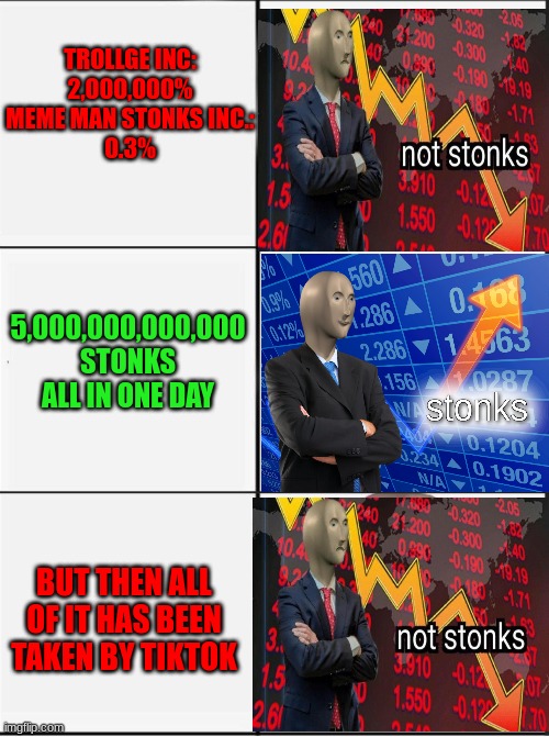 not stonks stonks | TROLLGE INC:
2,000,000%
MEME MAN STONKS INC.:
0.3%; 5,000,000,000,000
STONKS ALL IN ONE DAY; BUT THEN ALL OF IT HAS BEEN TAKEN BY TIKTOK | image tagged in not stonks stonks | made w/ Imgflip meme maker
