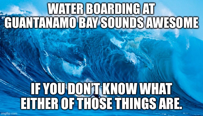 Tsunami Surfer | WATER BOARDING AT GUANTANAMO BAY SOUNDS AWESOME; IF YOU DON’T KNOW WHAT EITHER OF THOSE THINGS ARE. | image tagged in tsunami surfer | made w/ Imgflip meme maker