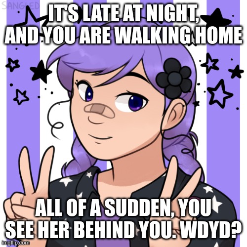 enjoy this roleploy | IT'S LATE AT NIGHT, AND YOU ARE WALKING HOME; ALL OF A SUDDEN, YOU SEE HER BEHIND YOU. WDYD? | made w/ Imgflip meme maker