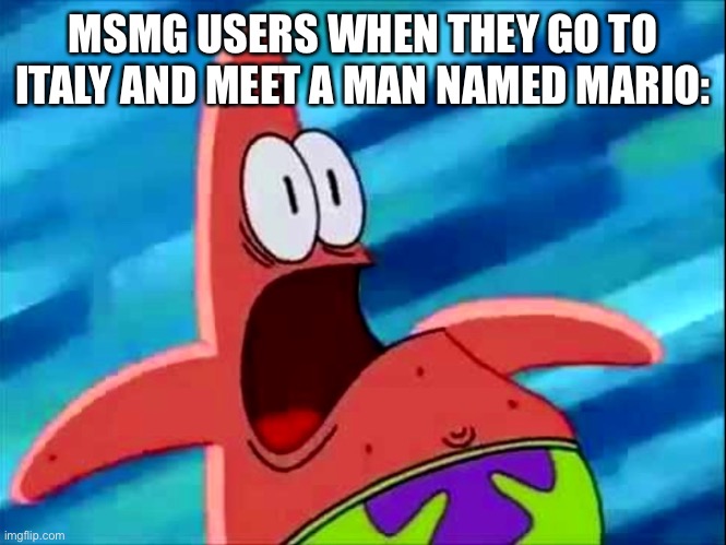 (It reminds them of someone) | MSMG USERS WHEN THEY GO TO ITALY AND MEET A MAN NAMED MARIO: | image tagged in screaming patrick star | made w/ Imgflip meme maker