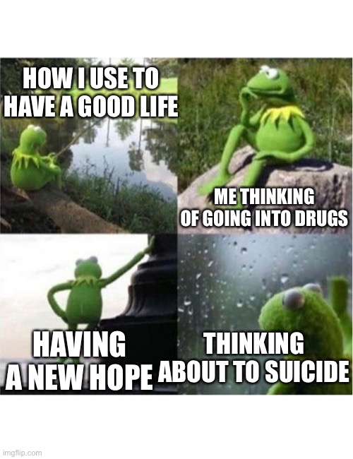 Generating of kermit |  HOW I USE TO HAVE A GOOD LIFE; ME THINKING OF GOING INTO DRUGS; THINKING ABOUT TO SUICIDE; HAVING A NEW HOPE | image tagged in blank kermit waiting | made w/ Imgflip meme maker