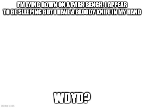 romance rp perferred | I'M LYING DOWN ON A PARK BENCH. I APPEAR TO BE SLEEPING BUT I HAVE A BLOODY KNIFE IN MY HAND; WDYD? | image tagged in blank white template | made w/ Imgflip meme maker