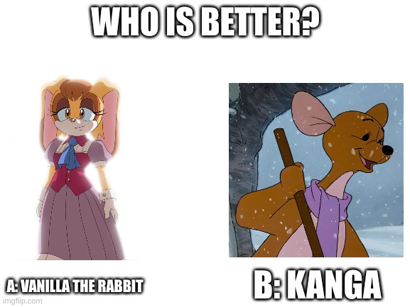 lol | WHO IS BETTER? B: KANGA; A: VANILLA THE RABBIT | image tagged in blank white template,voting,memes | made w/ Imgflip meme maker
