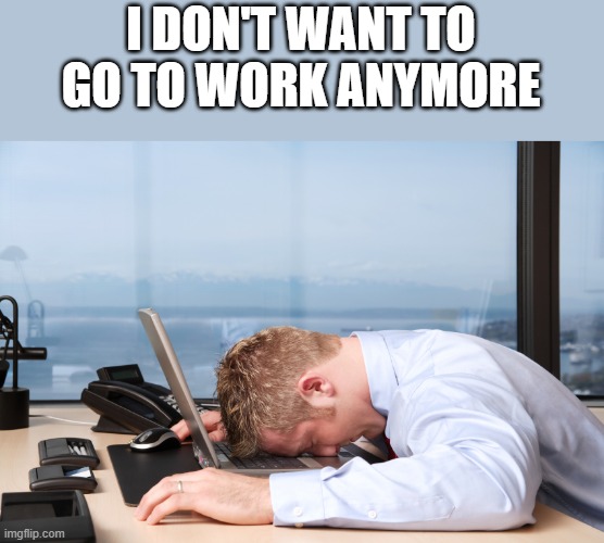 I Don't Want To Go To Work Anymore | I DON'T WANT TO GO TO WORK ANYMORE | image tagged in work,work sucks,working,sleeping,funny,memes | made w/ Imgflip meme maker