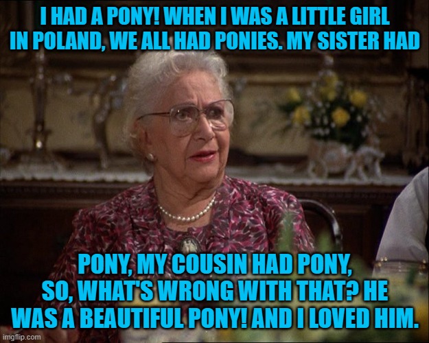I HAD A PONY! WHEN I WAS A LITTLE GIRL IN POLAND, WE ALL HAD PONIES. MY SISTER HAD PONY, MY COUSIN HAD PONY, SO, WHAT'S WRONG WITH THAT? HE  | made w/ Imgflip meme maker