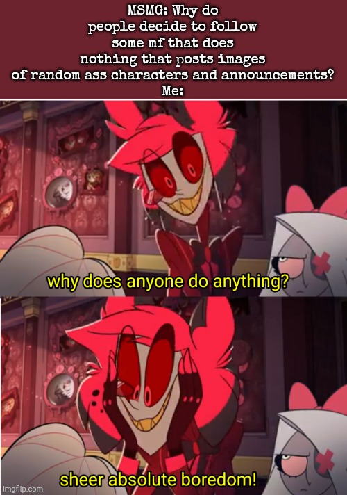 makin meems about myself is funni | MSMG: Why do people decide to follow some mf that does nothing that posts images of random ass characters and announcements?
Me: | image tagged in why does anyone do anything | made w/ Imgflip meme maker