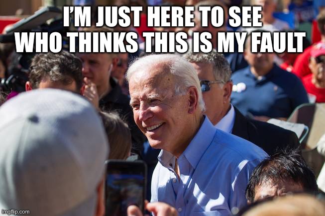 Biden I’m just here | I’M JUST HERE TO SEE WHO THINKS THIS IS MY FAULT | image tagged in joe biden | made w/ Imgflip meme maker