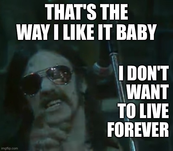 Lemmy Motorhead | THAT'S THE WAY I LIKE IT BABY; I DON'T
WANT
TO LIVE
FOREVER | image tagged in lemmy | made w/ Imgflip meme maker