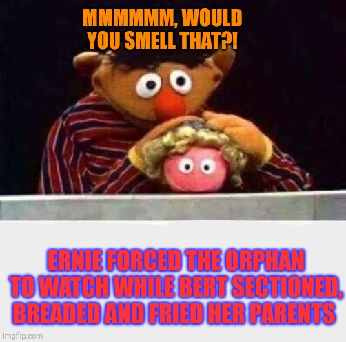Home invasion gone wrong | MMMMMM, WOULD YOU SMELL THAT?! ERNIE FORCED THE ORPHAN TO WATCH WHILE BERT SECTIONED, BREADED AND FRIED HER PARENTS | image tagged in sesame street,bert and ernie,orphan,deep fried,but why why would you do that | made w/ Imgflip meme maker