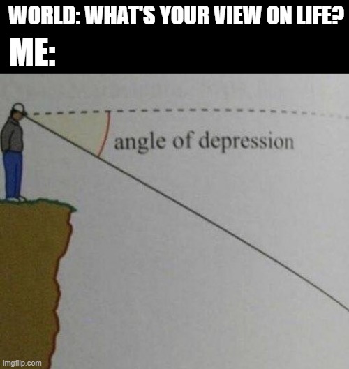 Do you notice he's on a cliff? | ME:; WORLD: WHAT'S YOUR VIEW ON LIFE? | image tagged in memes,funny memes,depression,views,life,dark humor | made w/ Imgflip meme maker